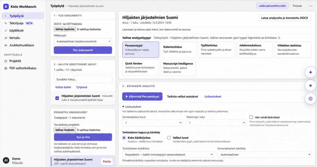Kielo Workbenchin työpöytänäkymä, jossa dokumentin tuonti, analyysityypin valinta ja analyysin käynnistys.