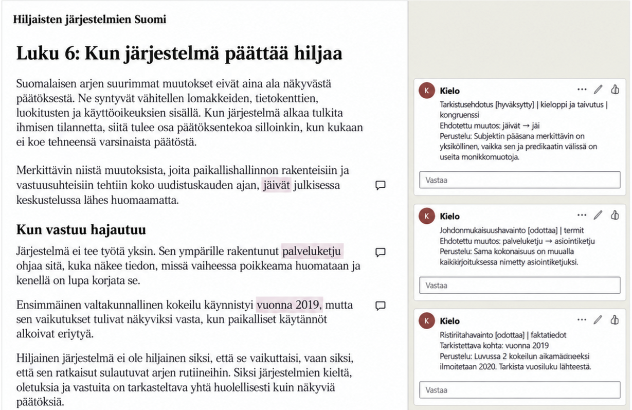 Word-asiakirja, jonka kommenttisarakkeessa näkyvät Kielon tallentamat tarkistusehdotukset ja perustelut.