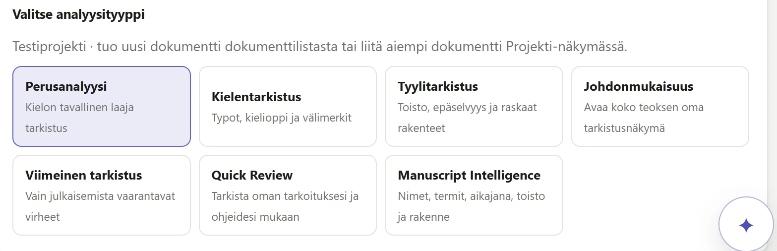Kielo Workbenchin analyysityypit: perusanalyysi, kielentarkistus, tyylitarkistus, johdonmukaisuus, viimeinen tarkistus, Quick Review ja Manuscript Intelligence.